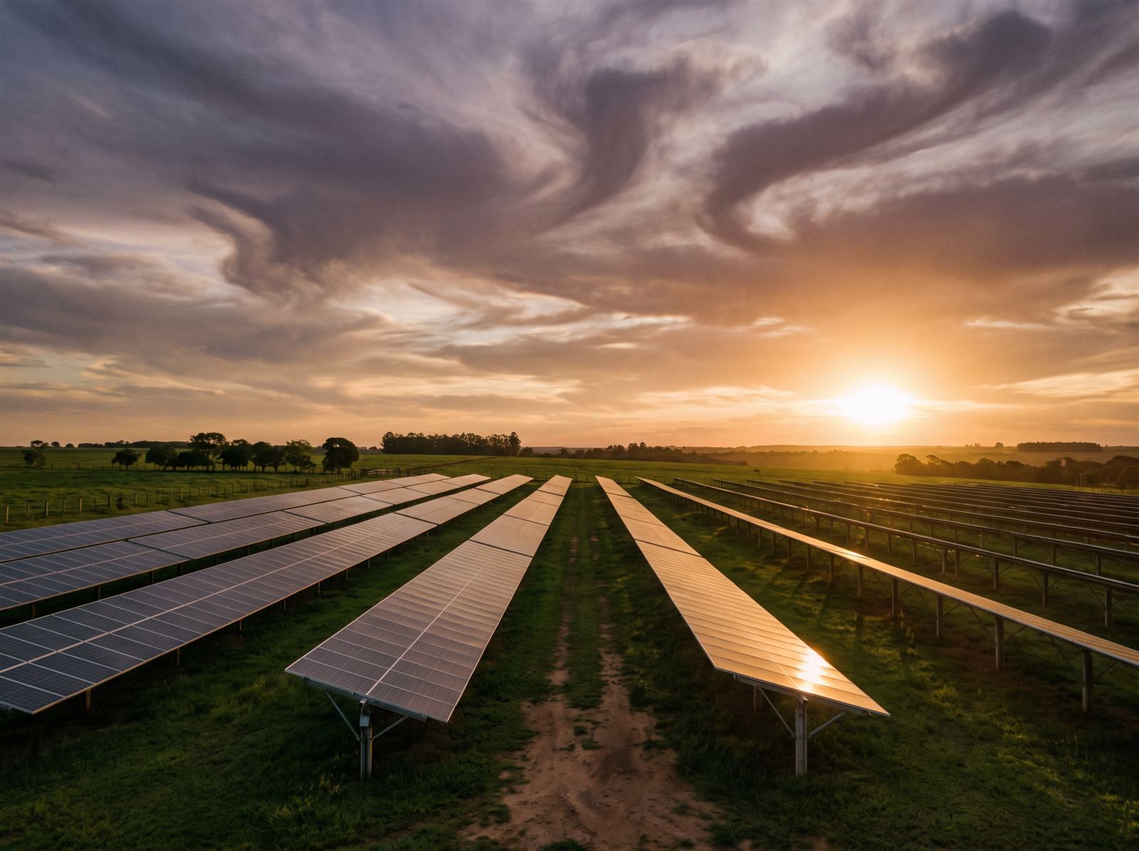 Fazenda solar com fileiras de painéis ao pôr do sol